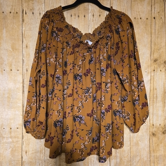 Boutique Tops - Floral Smocked Women's Top - Brown